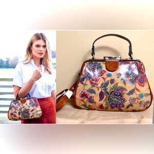 NEW Patricia Nash Gracchi Leather Satchel Handbag, French Tapestry With Dust Bag